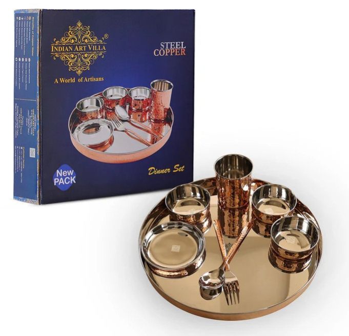 Indianartvilla Handcrafted Pure Steel Copper 8 Pieces Dinner Set