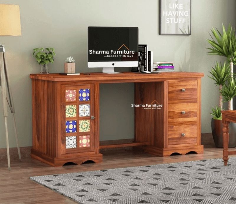 Boho Sheesham Wood Study Table with Three Drawers and Cabinet