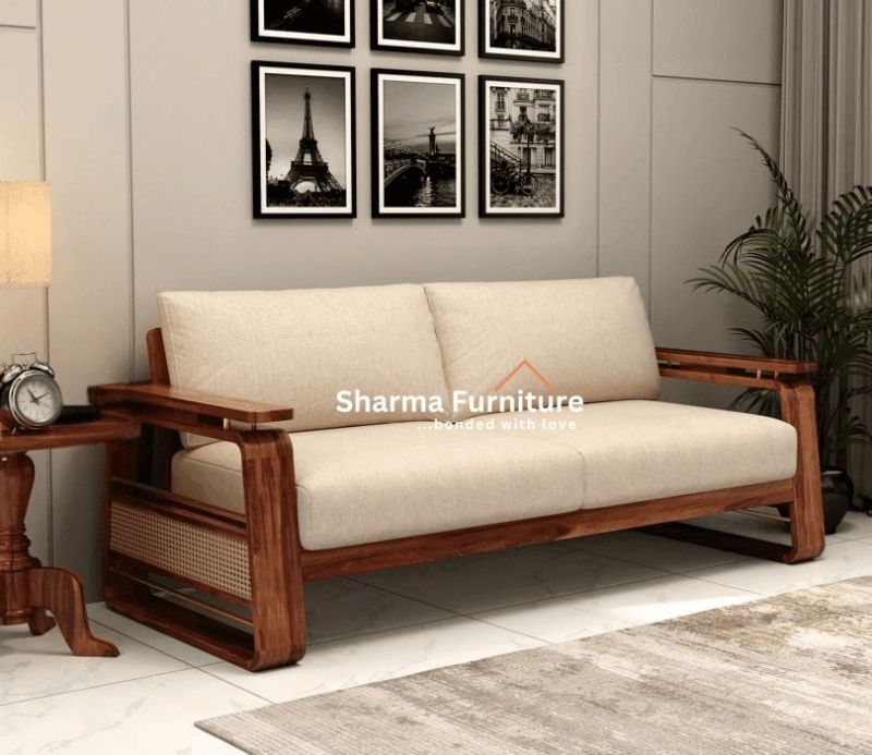 Cane Brass Detailing Sheesham Wood Sofa