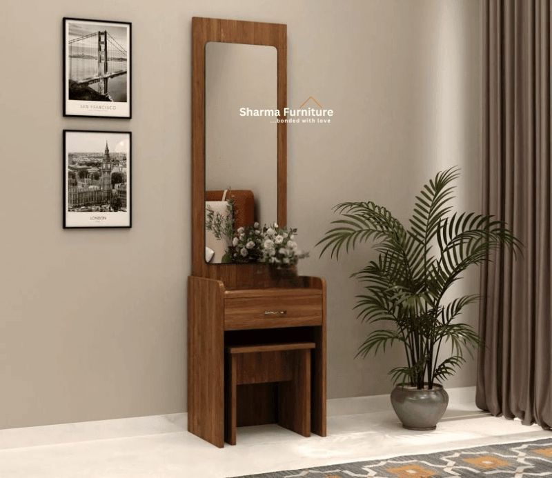 Wooden Dressing Table with Mirror, Storage & Stool