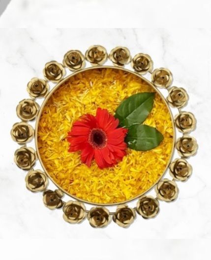 Metal Rose Design Urli Bowl for Pooja Decor