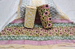 Women Handblock Printed Cotton Suits with Chiffon Dupatta Fabric