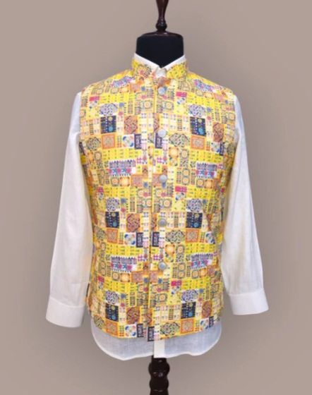 Cotton Men Yellow Traditional Jacket
