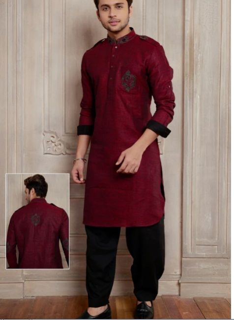 Maroon Cotton Linen Men Kurta Pyjama