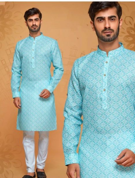 Mens Aqua Blue Wedding Wear Kurta