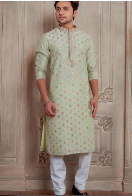 Mens Pastel Green Silk Kurta Pyjama
