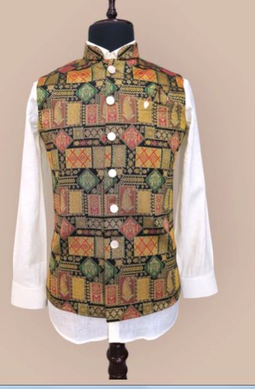 Multicolor Brocade Fabricated Men Waistcoat