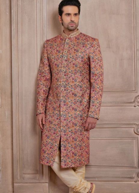Peach Zari & Tread Worked Sherwani For Mens