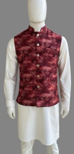 Silk Men Sequins Work Printed Waistcoat