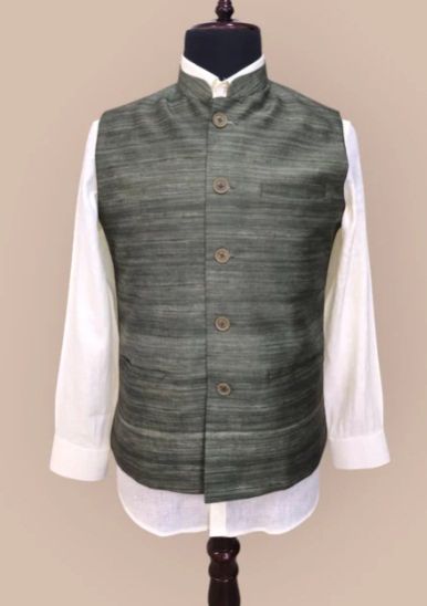 Silk Textured Green Men Nehru Jacket
