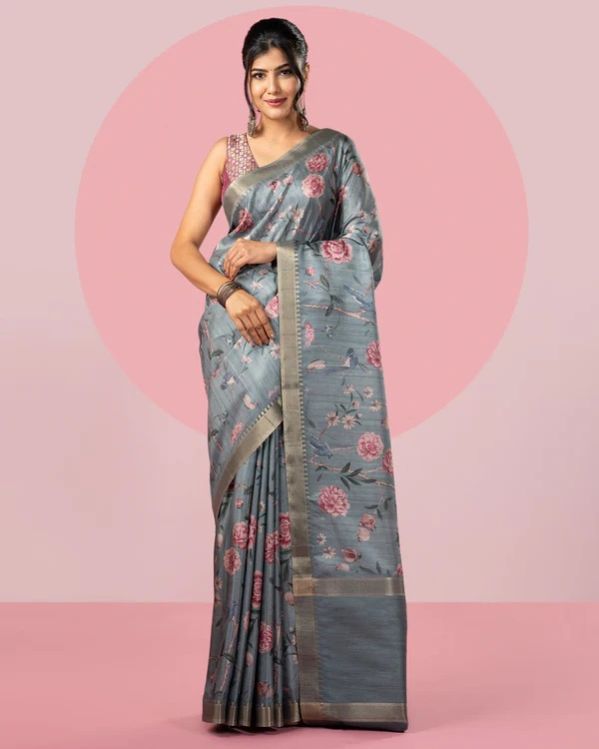 Ash Grey Floral Blended Tussar Silk Saree