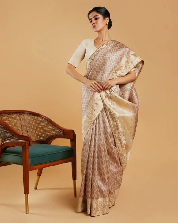 Beige and Brown Printed Blended Tussar Silk Saree
