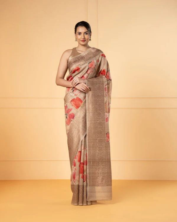 Beige Banarasi Handloom Tussar Silk Saree