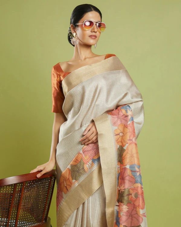 Beige Woven Checks Printed Blended Tussar Silk Saree