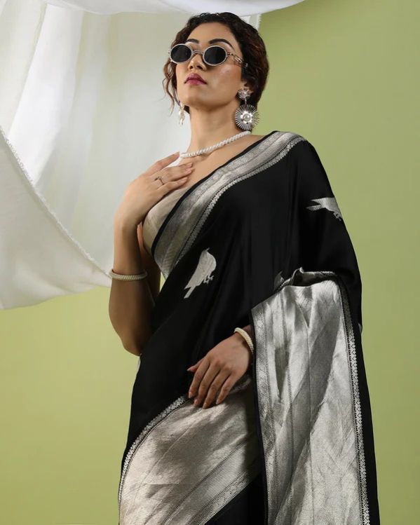 Black Zari Woven Viscose Satin Saree