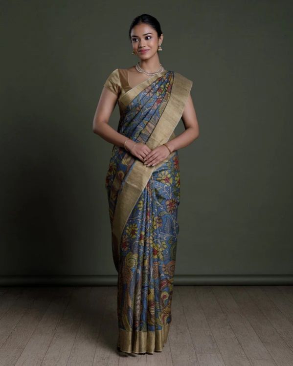 Blue Hand Painted Handloom Tussar Saree