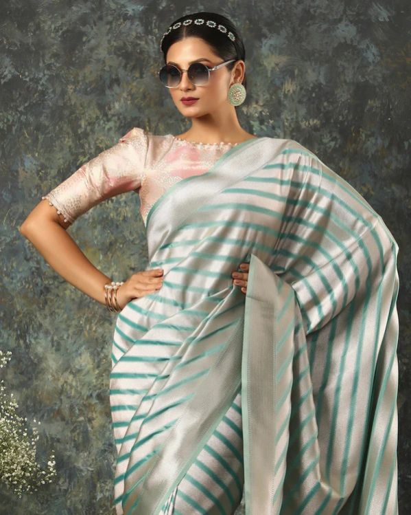 Blue Striped Woven Fancy Blended Banarasi Silk Saree