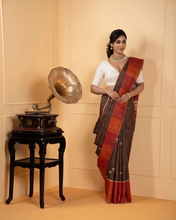 Brown Printed Tussar Silk Saree