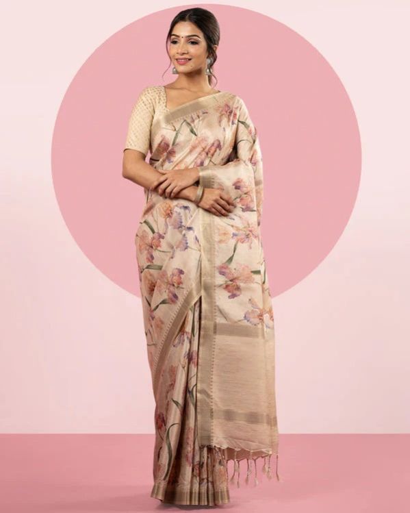 Cream Floral Blended Tussar Silk Saree