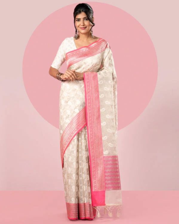 Cream Paisley Motifs Blended Kora Cotton Saree