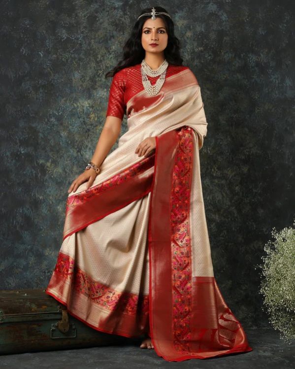 Cream Woven Brocade Fancy Blended Banarasi Art Silk Saree