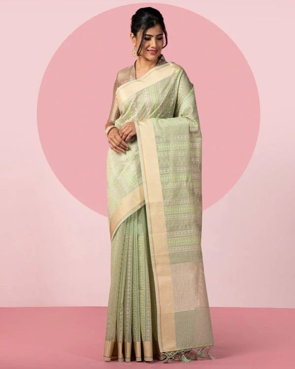 Green Thread Embroidered Fancy Blended Orangza Silk Saree