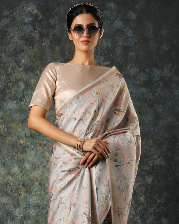 Grey Printed Blended Tissue Silk Saree