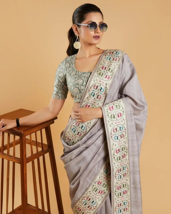 Grey Striped Woven Fancy Blended Tussar Silk Saree