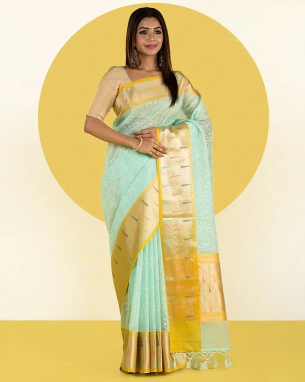 Light Blue Thread Embroidered Fancy Blended Organza Silk Saree