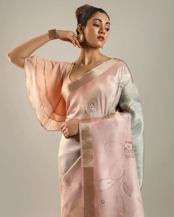 Light Pink and Grey Printed Blended Tussar Silk Saree