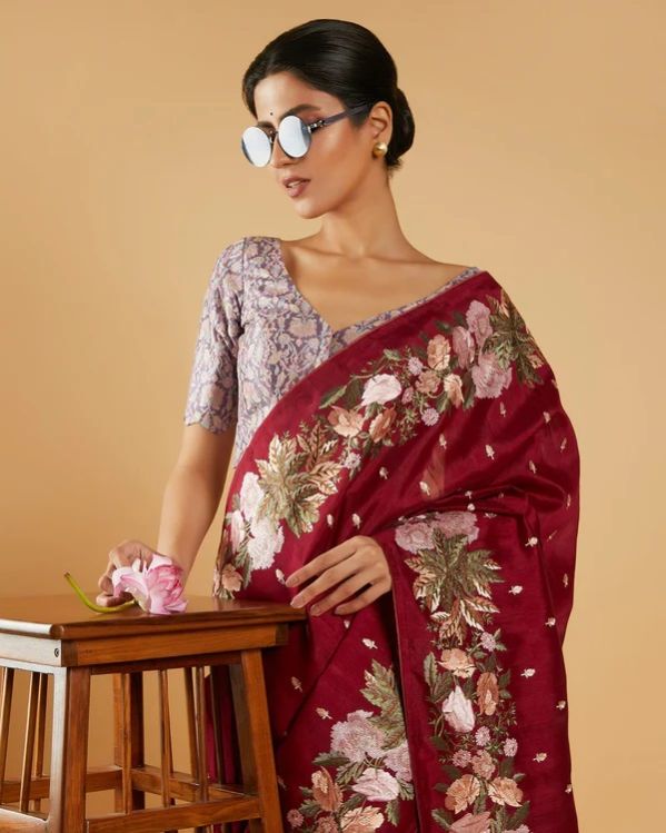 Maroon Embroidered Fancy Blended Tussar Silk Saree
