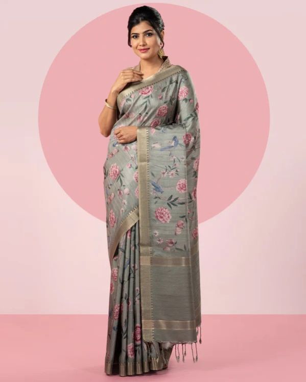 Olive Green Floral Blended Tussar Silk Saree