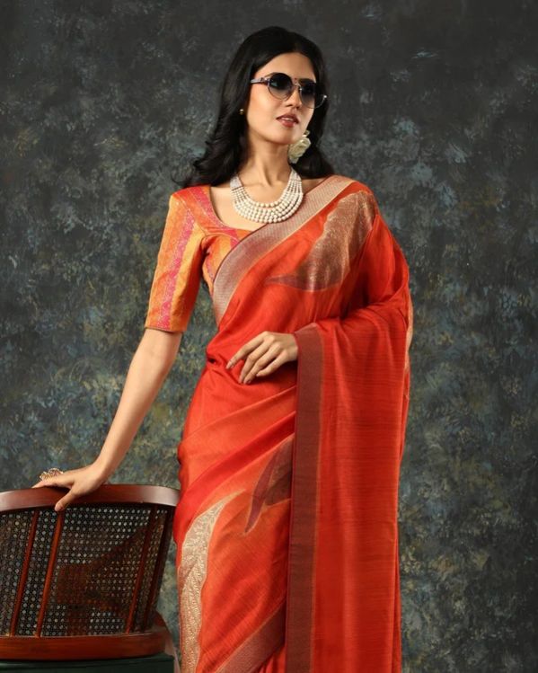 Orange Woven Fancy Blended Tussar Silk Saree