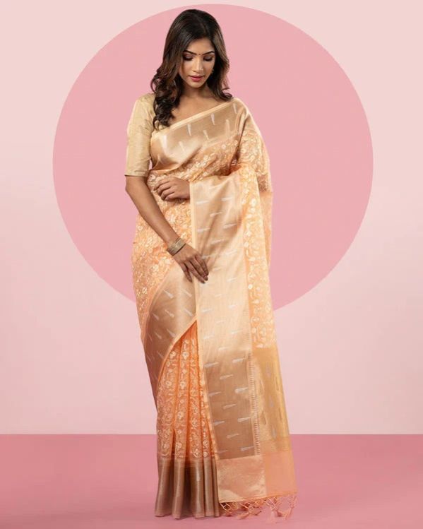 Peachish Orange Thread Embroidered Blended Fancy Organza Silk Saree