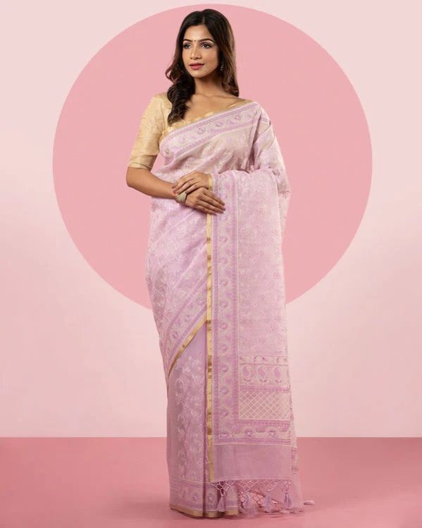 Pink Embroidered Blended Fancy Organza Silk Saree