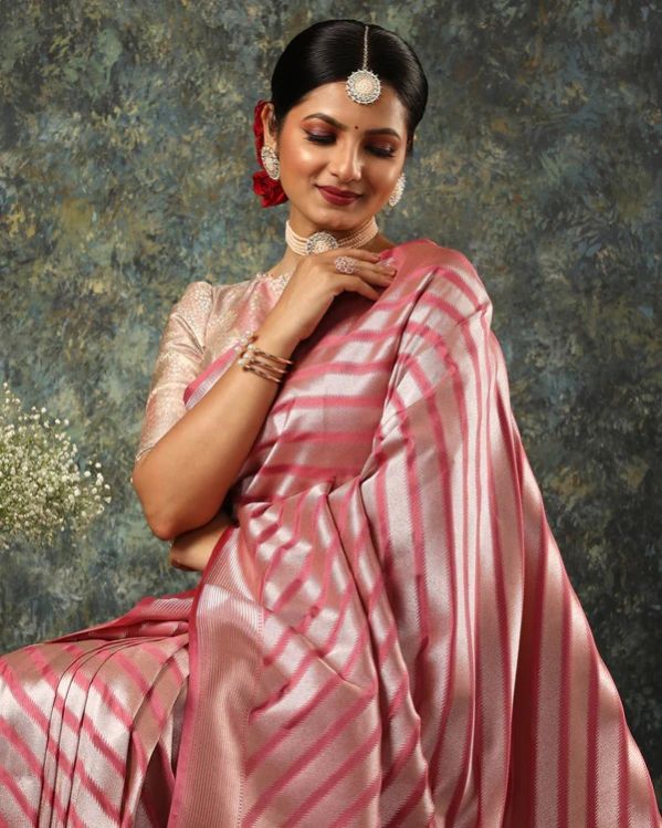 Pink Striped Woven Fancy Blended Banarasi Silk Saree