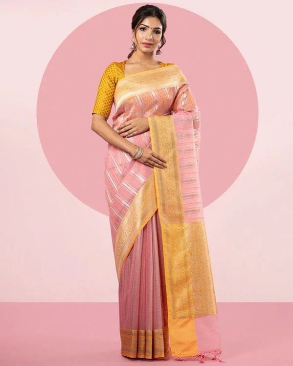 Pink Woven Zari Blended Kora Tissue Saree