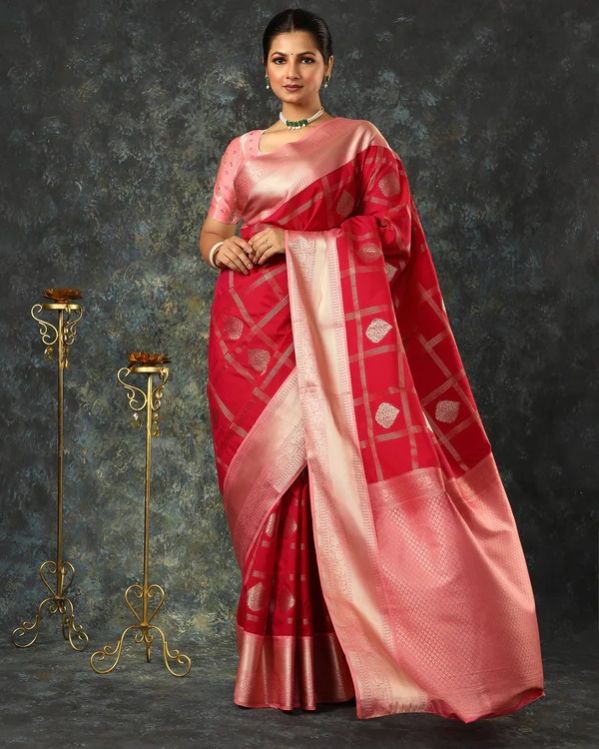 Red Art Silk Woven Checkered Saree