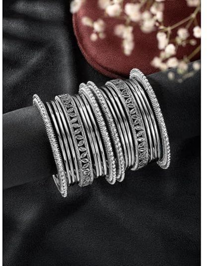 Ethnic Oxidized Silver-tone Designer Bangle Set