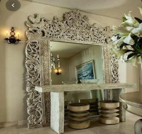 Grand Handcarved Wall Mirror with Intricate Wooden Console Table Set