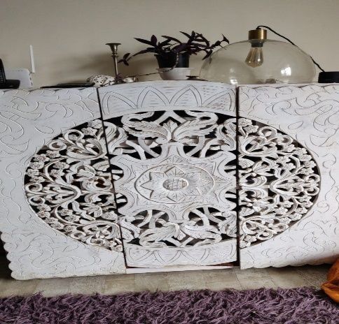 Handcrafted White Floral Carved Wooden Cabinet