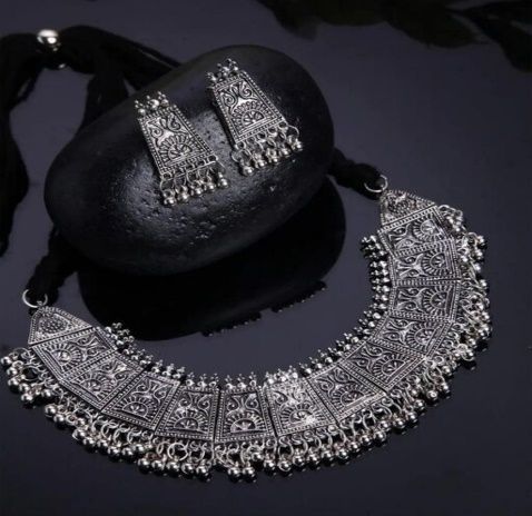Oxidized Silver Statement Collar Necklace Set with Tribal Engraving & Ghungroo Detailing