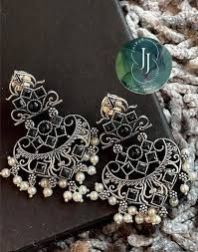 Oxidized Silver Tone Black Stone & Pearl Embellished Ethnic Dangler Earrings