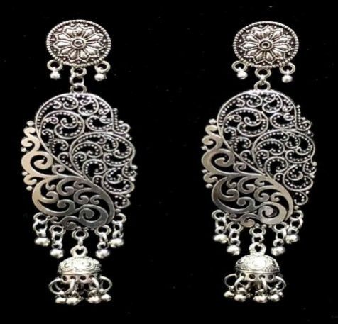 Oxidized Silver Tone Filigree Peacock Design Dangler Earrings with Jhumka Drops