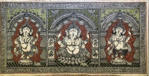 Triple Ganesha Traditional Indian Folk Art Painting