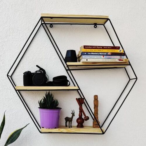 Hexagonal Decorative Metal Wall Shelf, Color : Black