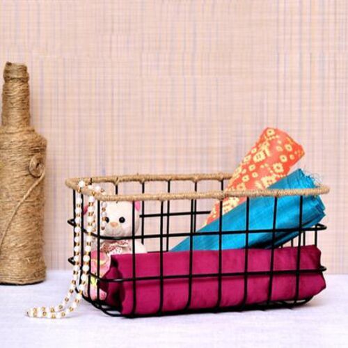 Color Coated Rectangular Metal Basket with Jute Rope, Color : Black