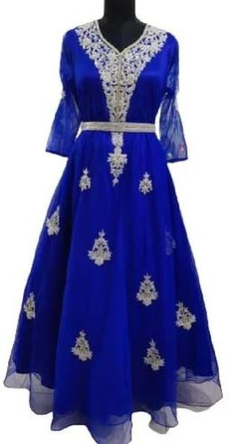 Blue Satin Silk and Net Embroidered Gown