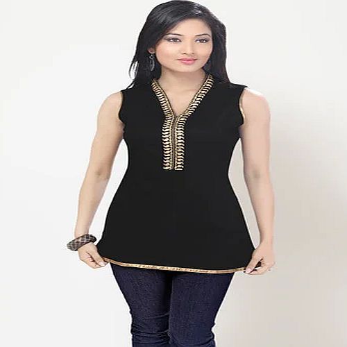 Sudhhz Ladies Black Sleeveless Silk Kurti
