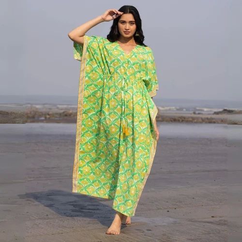 Ladies Green Cotton Printed Kaftan One Size Fits Most